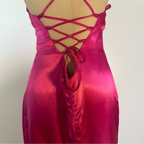 Hot pink satin effect wrap Slip lace up back long Dress gown 6 - Picture 13 of 16